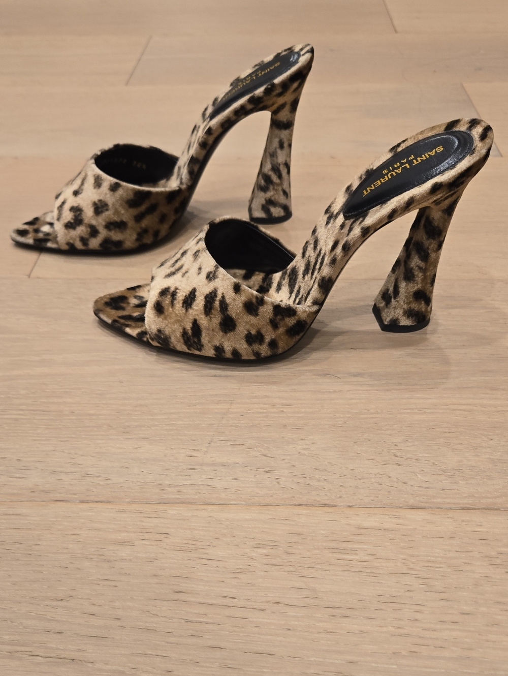 Saint Laurent Leopard-Print Open-Toe High Heel Slides in Beige and Black